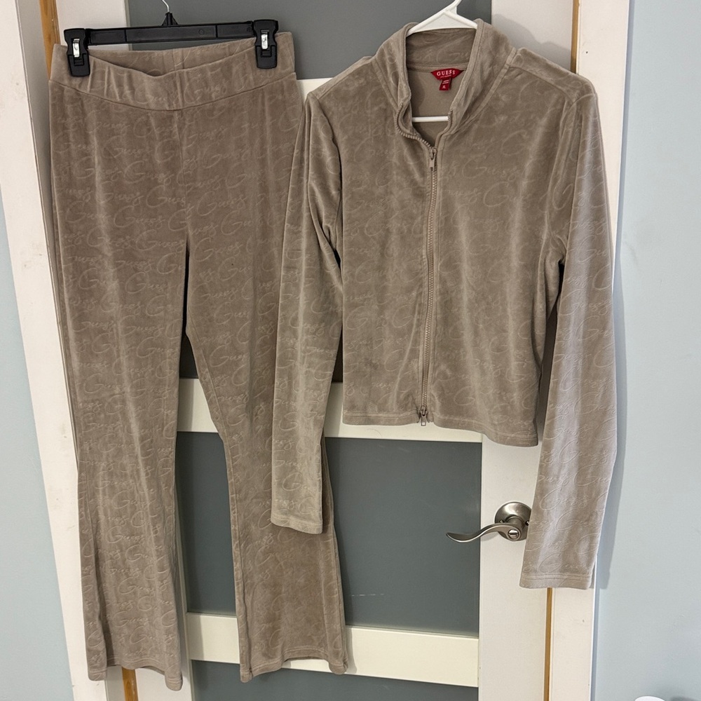Guess Taupe Velour Zip Jacket and Flare Pants Set